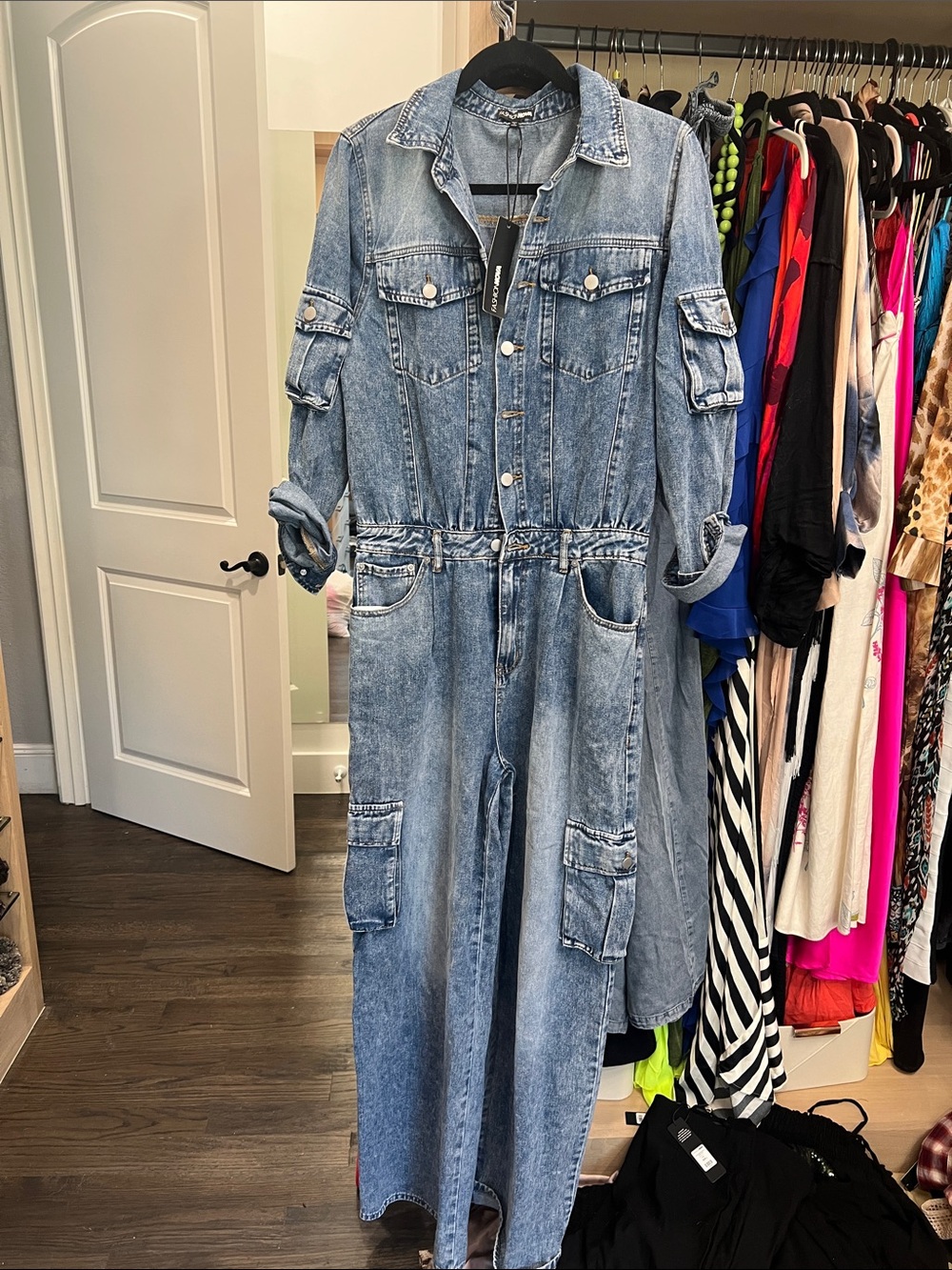 Fashion Nova Light Blue Denim Utility Jumpsuit Jacket